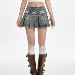 Fairy Grunge Lace Up Denim Pleated Skirt