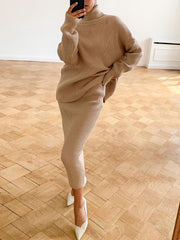 Knitted Skirt Sets Women Autumn Winter Turtleneck Pullover And Pencil Long Skirts Elegant 2 Piece Sets Sweater OutfitsChristmas Gifts