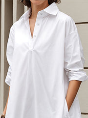 Long Sleeves Loose Pleated Solid Color Split-Joint Lapel Midi Dresses Shirt Dress