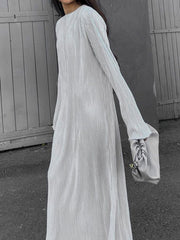 Long Sleeves Loose Pleated Solid Color Round-Neck Maxi Dresses