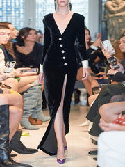 Long Sleeves Skinny Asymmetric Buttoned Shoulder Pad Split-Front Deep V-Neck Maxi Dresses