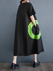 Contrast Color Pockets Printed Loose Short Sleeves Round-Neck Midi Dresses