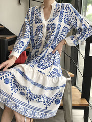 Long Sleeves Loose Leaves Print Printed Stand Collar Midi Dresses