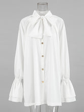 Buttoned Elasticity Pleated Solid Color Tied Zipper A-Line Flared Sleeves Stand Collar Mini Dresses