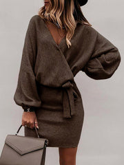 Solid Color Lace-Up Loose Long Sleeves Mini Dress