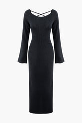Solid Backless Tie Bell Sleeves Knit Dress