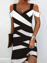 A-Line High Waisted Contrast Color Hollow Printed Cold Shoulder Mini Dresses