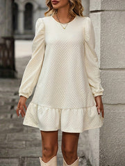 Elasticity Pleated Solid Color Split-Joint A-Line Long Sleeves Round-Neck Mini Dresses