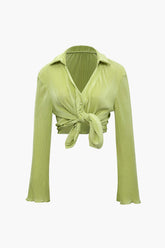 Pleated V-neck Long Sleeve Shirt