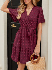 Jacquard Pleated Solid Color Tied Waist A-Line Flared Sleeves V-Neck Mini Dresses