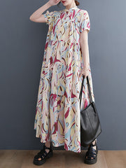 Original Loose Short Sleeves Buttoned Contrast Color Printed Stand Collar Midi Dresses