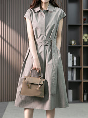 Plus Size Short Sleeves Bandage Solid Color Lapel Midi Dresses