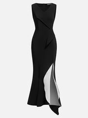 Contrast Color Ruffle Trim Split-Joint Bodycon Sleeveless V-Neck Maxi Dresses