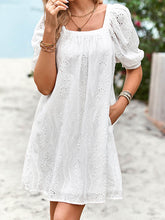 Jacquard Solid Color Loose Puff Sleeves Square-neck Mini Dresses