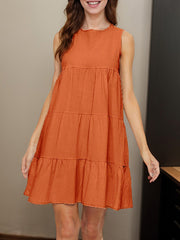 Pleated Solid Color Split-Joint A-Line Loose Round-Neck Mini Dresses