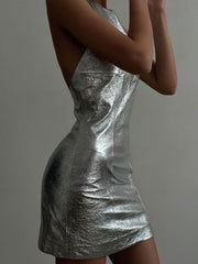 Skinny Backless Solid Color Split-Joint Zipper Round-Neck Mini Dresses