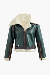Fleece Faux Leather Zipper Crop Jacket