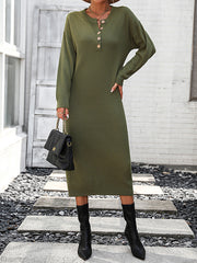 Buttoned Split-Joint Long Sleeves Loose Round-Neck Sweater Dresses Midi Dresses