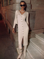 Fall Winter Long Sleeve Knitted Dress Button Slit Female Sweater Cardigan Dresses Slim Solid Elegant Office Lady ClothesChristmas Gifts