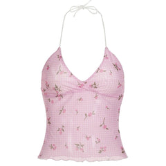 Floral Gingham Y2K Halter Top