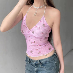 Floral Gingham Y2K Halter Top