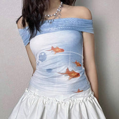Goldfish Print Off-Shoulder Top