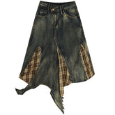 Grunge Patchwork Plaid Denim Skirt