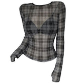 Grunge Plaid Mesh Long Sleeve Top