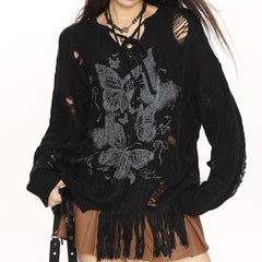 Oversized Ripped Sweater with Butterfly Print