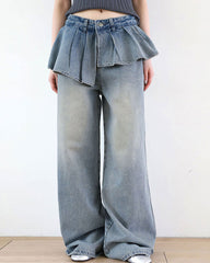 Peplum Waist Denim Wide Leg Jeans