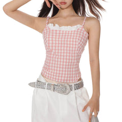 Pink Gingham Lace Trim Cami Top