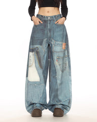 Printed Panel Look Baggy Denim Pants