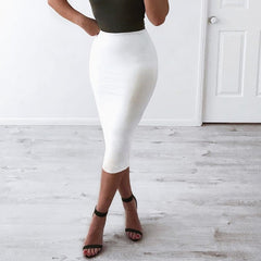 2 Layers High Waist Stretch Pencil Midi Skirt Women Elegant White Long Skirts Candy Colors Cotton Casual Skirt Gray