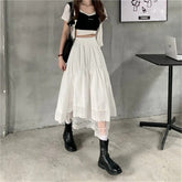 Black Gothic Lace Stitching Irregular Pleated Skirt Women White Vintage High Waist Long Skirt Korean Solid Hip Hop Streetwear