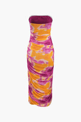 Abstract Print Mesh Strapless Midi Dress