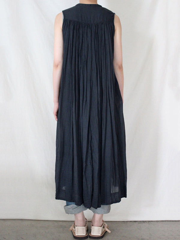 Pleated See-Through Loose Sleeveless Round-Neck Midi Dresses