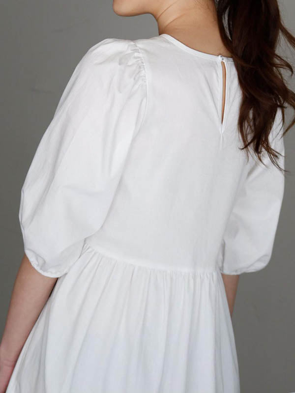 Half Sleeves Puff Sleeves Breathable See-Through Solid Color Round-Neck Midi Dresses