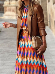 A-Line Long Sleeves Contrast Color Elasticity Pleated Stand Collar Midi Dresses