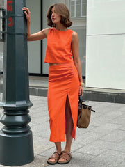 Linen Vest Suit Fashionable Round Neck Sleeveless Top And Side Slit Long Skirt Two Pieces Set Slim Casual Solid Color