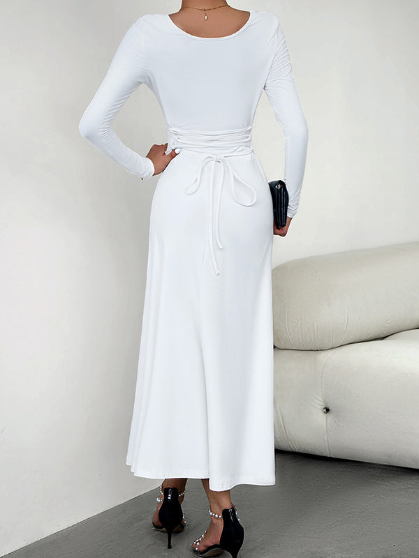 A-Line High Waisted Solid Color Tied Waist U-Neck Midi Dresses