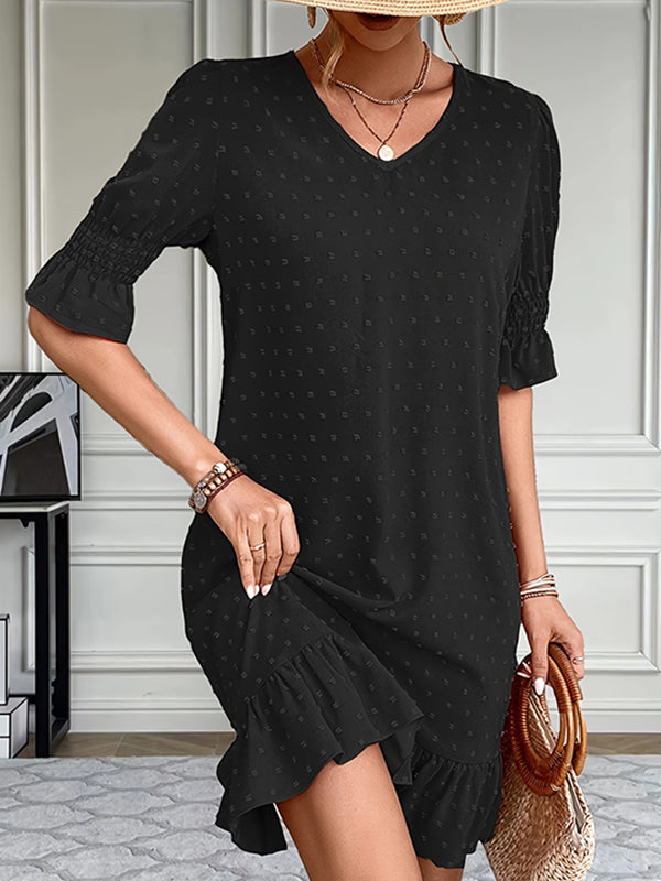 Elasticity Jacquard Pleated Solid Color Split-Joint A-Line Flared Sleeves V-Neck Mini Dresses