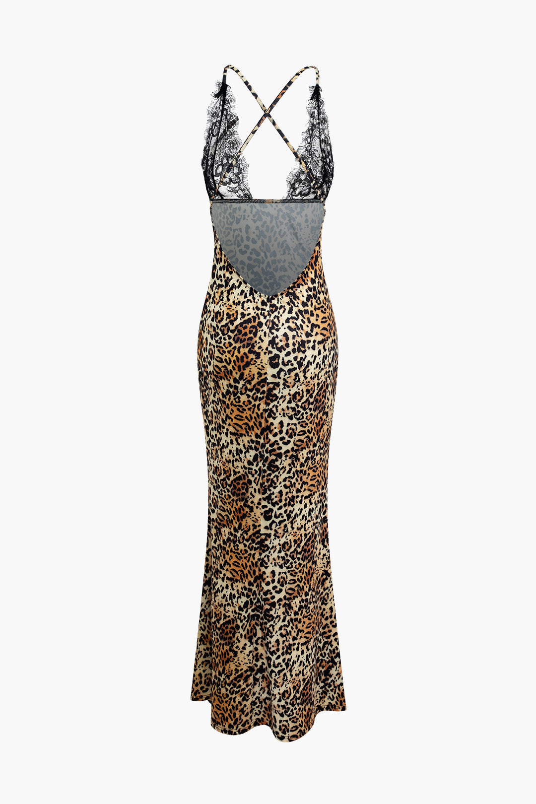 Rückenfreies Maxikleid mit V-Ausschnitt und Patchwork-Spitze und gekreuzten Trägern 