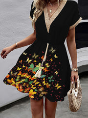 A-Line Loose Butterfly Print Elasticity Hollow Split-Joint Tasseled Tied Waist V-Neck Mini Dresses