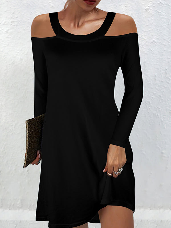 A-Line Long Sleeves Hollow Solid Color Cold Shoulder Mini Dresses