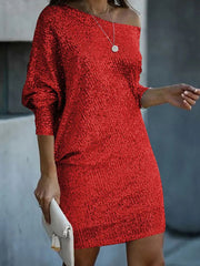 Asymmetric Sequined Solid Color A-line Loose One-shoulder Short Dresses Mini Dresses