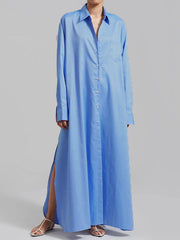 Long Sleeves Loose See-Through Solid Color Split-Joint Split-Side Lapel Maxi Dresses Shirt Dress