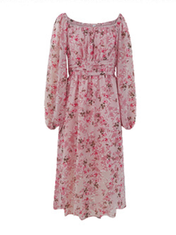 Vacation Loose Long Sleeves Floral Printed U-Neck Midi Dress