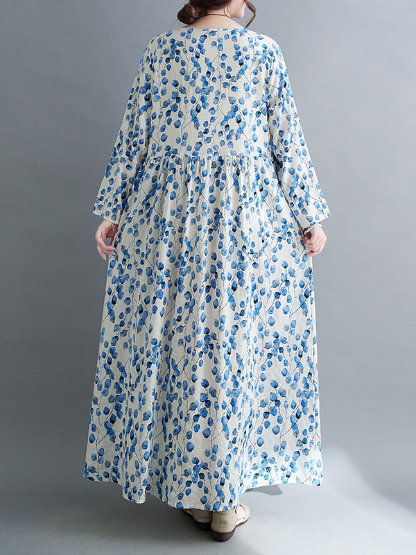 Long Sleeves Loose Flower Print Split-Joint Round-Neck Midi Dresses