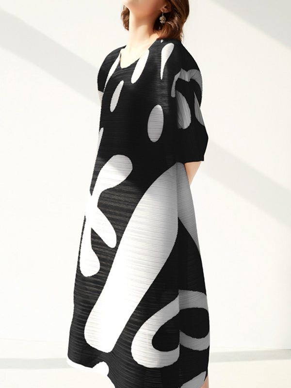 Pleated Print Half Sleeves Loose Round-neck Midi Dresses