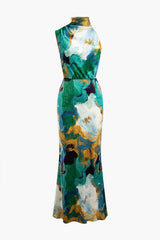 Abstract Print One Shoulder Mock Neck Slit Maxi Dress